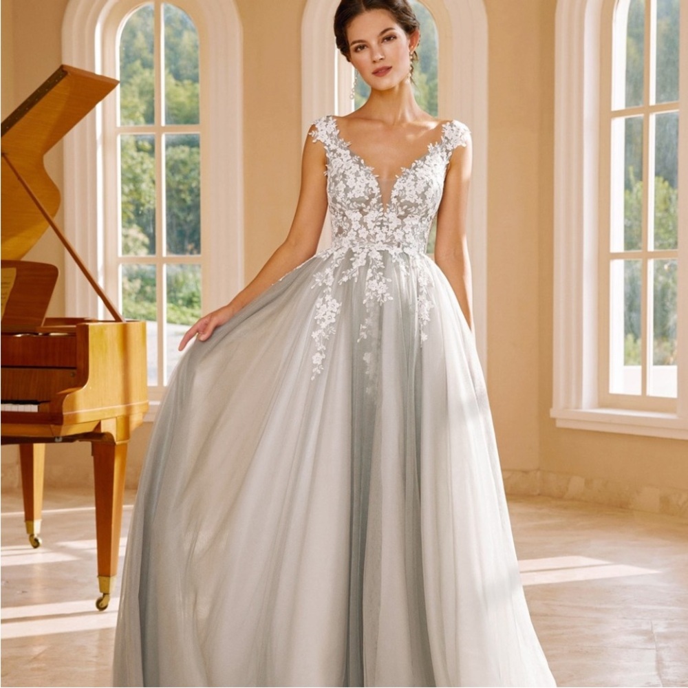 Elegant White and Gray Lace Wedding Dress